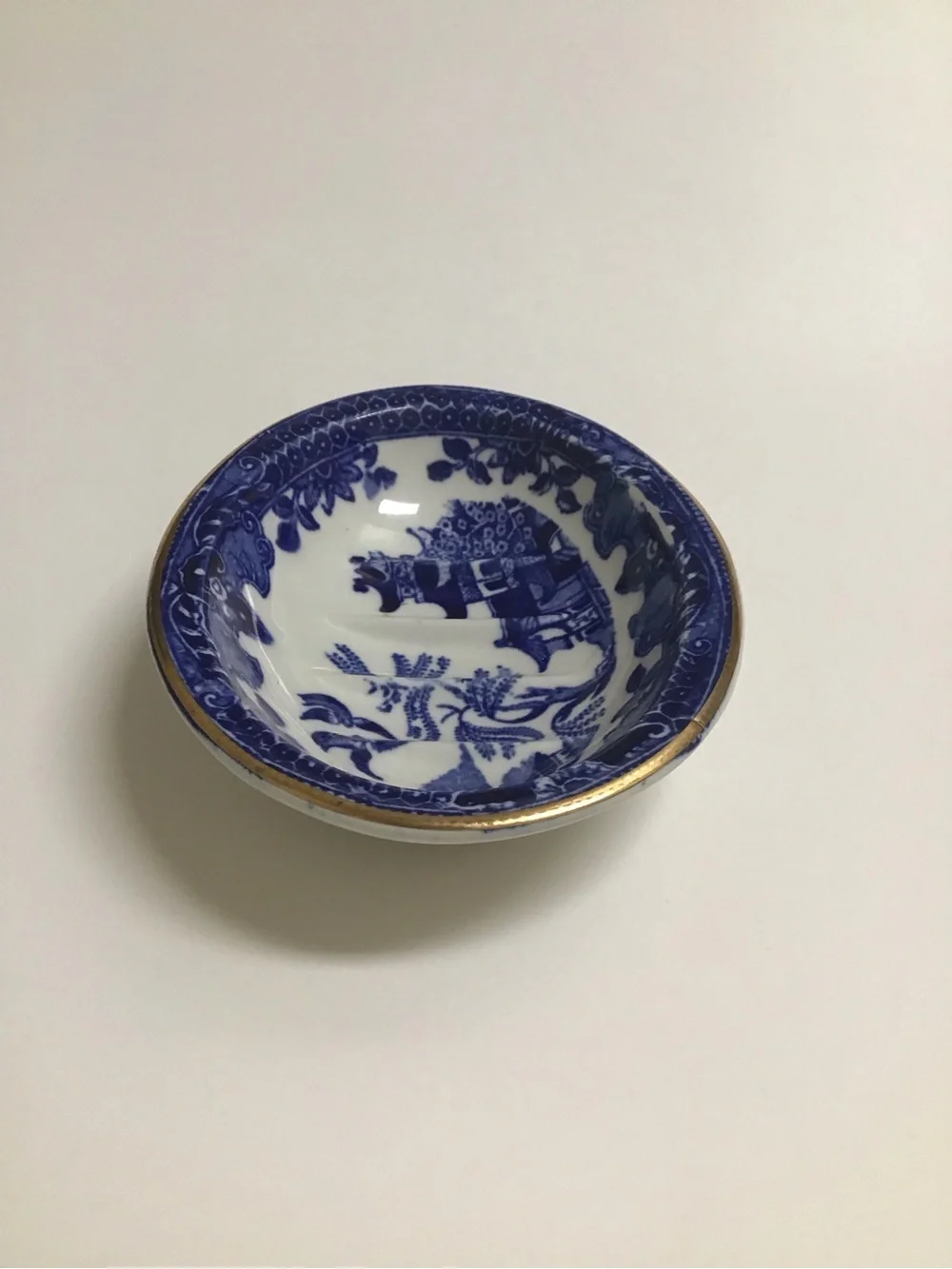 Blue Willow Antique 1920's England Burleigh Ware Oval Soap Dish Ridges Gold Rim
